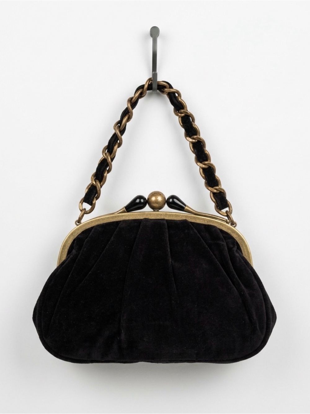 J. Crew Black Velvet Frame Clutch with Gold Chain Handle Vintage Y2K